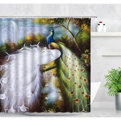 Oil Painting Art Peacocks Shower Curtains White Blue Birds Plant Print Backdrop Wall Decor Cloth Waterproof Bathroom Curtain Set