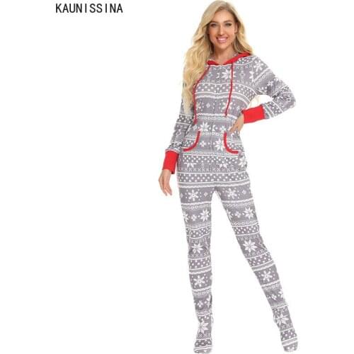 Women Adults Onesie Long Sleeve Zipped Hooded Long Sleeve Soft Nightwear Warm Christmas Pajamas Santa Sleepwear Xmas Long Pajama