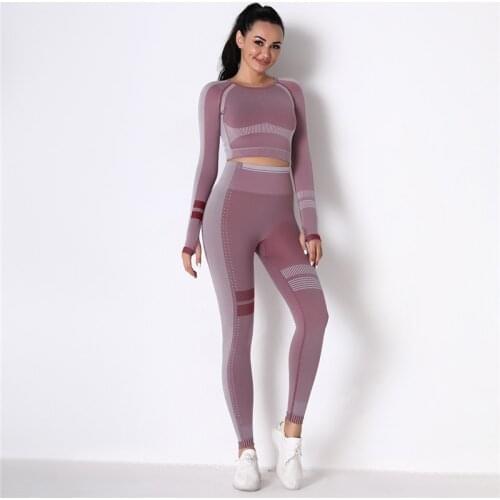 2Pcs Sets Breathable Women Sets Striped Knitted Gym Sets Long Sleeve Yoga Sportswear Quick Dry Suits High Elastic Sports Suits