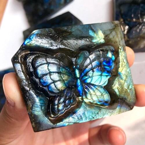 Beautiful Hand carved natural quartz Labradorite butterfly healing crystal for gifts