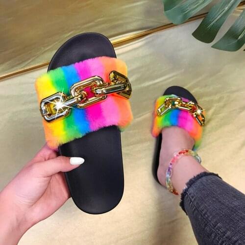 Summer New Style Color Plush Slippers Fashion Metal Chain Flat Sandals Open Toe Outdoor Leisure Plus Size