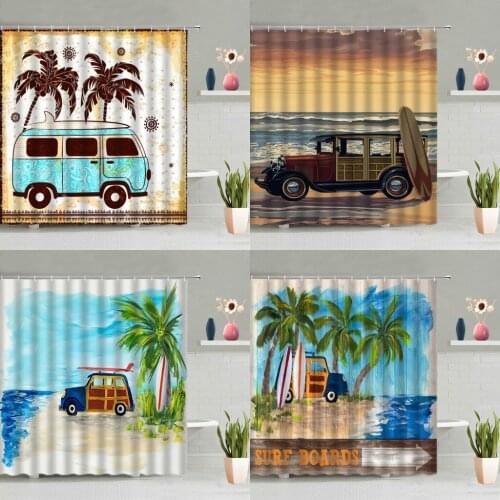 Summer Ocean Scenery Shower Curtains Surfboard Truck Holiday Bathroom Decoration Bath Curtain Washable With Hook Set Home Screen