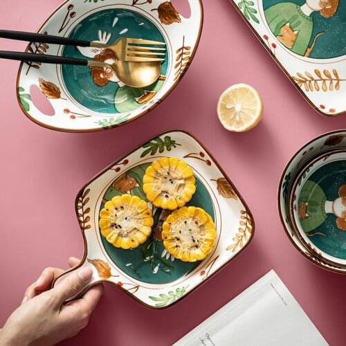2021 New Cartoon Hand-painted Tableware Rice Bowl Set Household Ceramic Dishes Rice Noodle Soup Bowl Pottery