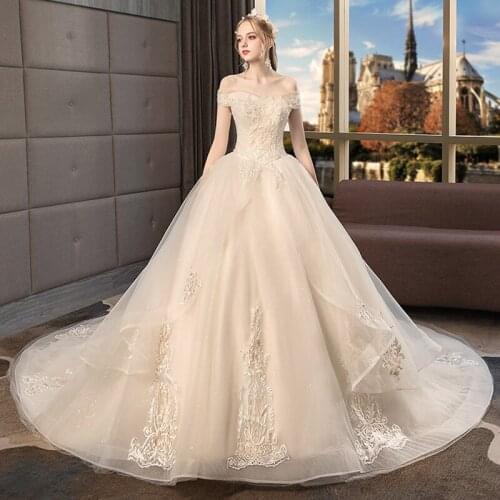 New Ball Gowns Boat Neck bling Beads Lace Wedding Dresses 2020 Puffy Skirt Lace up Champagne Luxury Women Wedding Dress Marriage