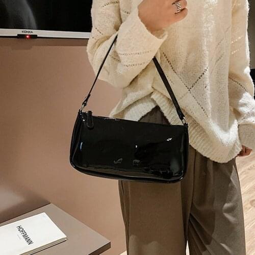 Solid PU Patent Leather Baguette Women Fashion Zippered Underarm Shoulder Bag WomenS Korean Style Simple Handbag Woman 2021