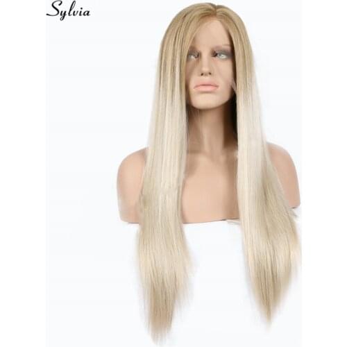 Sylvia Lace Front Wigs Synthetic Hair Blonde Ombre Platinum Blonde Silky Straight Hair Long Glueless Heat Resistant Replacement
