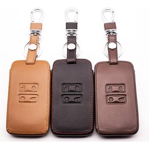 Latest 100% leather key holder key cover for Renault Koleos Protector Kadjar 2016-2017 4 buttons smart key dust collector