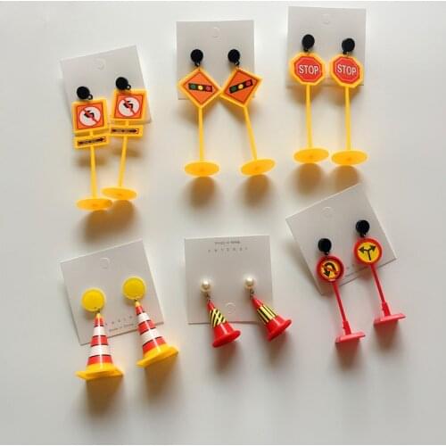 Creative Handmade Cute Drop Earrings Traffic Road Sign Construction Funny Personality Dangle Earrings for Women Fashion Jewelry