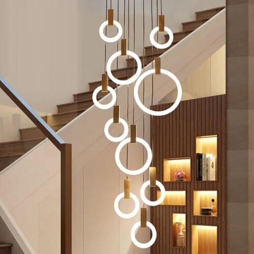 Modern LED Suspended Chandelier Indoor Stair Lighting Acrylic Ring Restaurant Decoration Light Duplex Luxury Wooden Chandelier