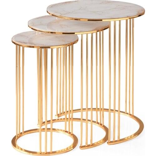 Modern Gold Plated White Marble Pattern Triple Zigon coffee tables table basse furniture living room table