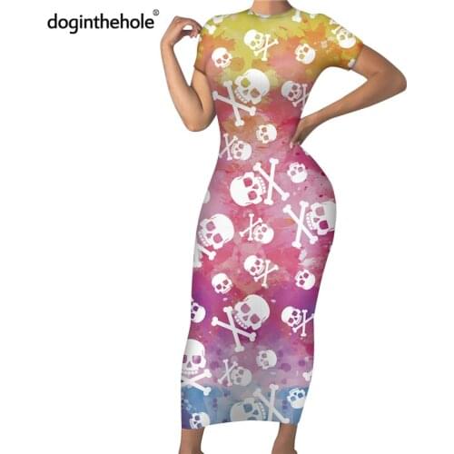 Doginthehole Womens Fashion Short Sleeve Pencil Dress Colorful Skull Cross Pattern Bodycon For Teen Girls Elegant Party Robe