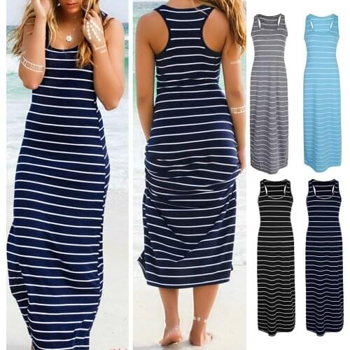 Women Casual Sleeveless Maxi Dress Striped Long Beach Dress S-2XL