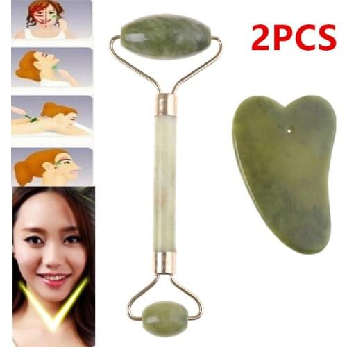 2pcs Facial Massager Roller Natural Jade Stone Natural Guasha Facial Jade Roller Face Relaxation Slimming Beauty Neck Thin Lift