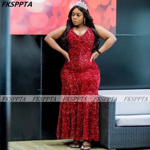 Plus Size Red 2021 Maxi Prom Dresses For Black Girls Shiny Sequins Mermaid Graduation Birthday Party Prom Gowns