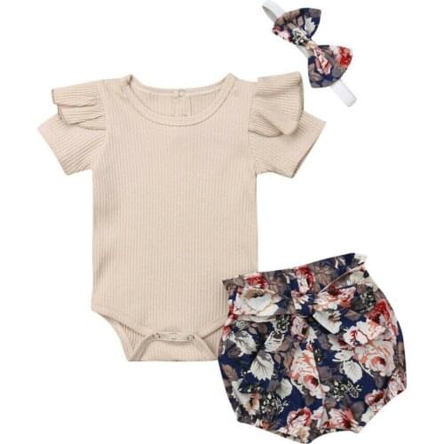 0-18M Cute Newborn Baby Girl Short Sleeve Solid Color Cotton Romper Tops Floral Shorts Bloomers Headband 3PCS Girls Clothing Set
