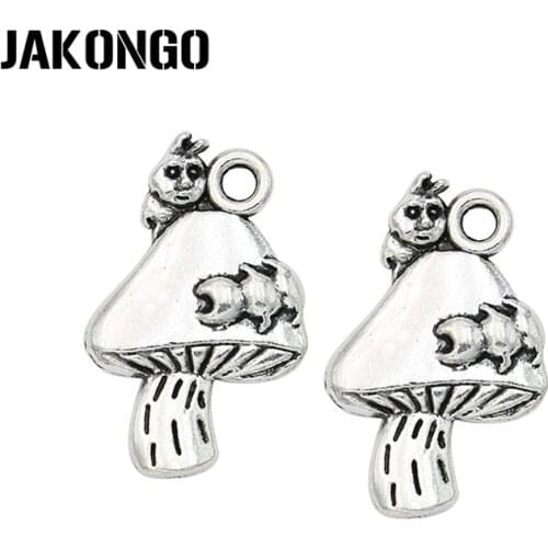 JAKONGO 5pcs Hot Sale Antique Silver Mushroom Insect Charms Pendants for Jewelry Making DIY Handmade Craft 25x16mm