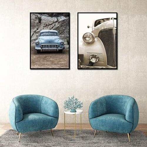 Abstract Wall Art Grey and Blue Retro Car Canvas Posters Prints Landscape Painting for Living Room Bedroom Corridor Decoration