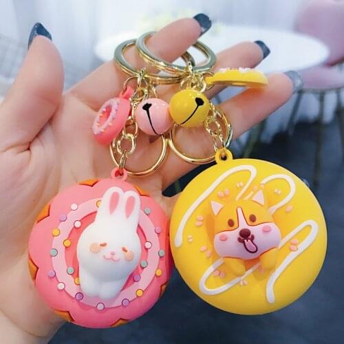 Cute Donut Puppy Cartoon Animal Doll Key Chain Sweet Pet Cat Frog Key Chain Creative Backpack Car Pendant Acceesories Keyring