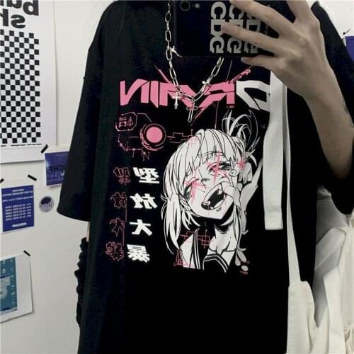 Black T-shirt Summer Short-sleeved Female Korean Dark Funeral Retro Cartoon Print Loose Student Graphic Tee Kawaii Clothes