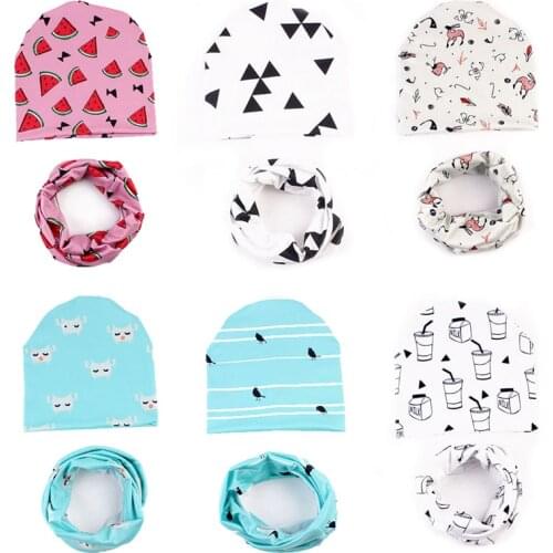 Baby Beanie Hats Spring Autumn Crochet Cotton Cartoon Print Newborn Hat Elastic Toddler Kids Hat Scarf Collars Infant Cap