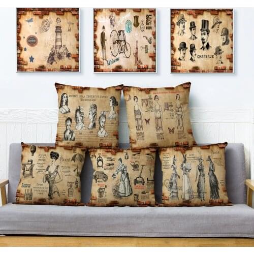 European Vintage Portrait Print Cushion Cover Beige Linen Pillow Covers 45*45 Square Throw Pillows Cases Home Decor Pillowcase