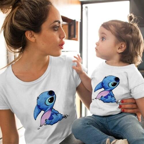 Cartoon Harajuku Kawaii Tshirts Unisex Cute Disney Stitch Printed Casual T Shirt Casual New Famliy Look Fashion Children T-Shirt