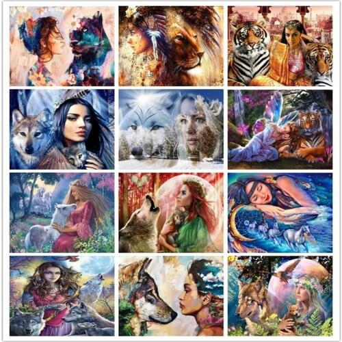 TOUOILP Full Square Drill 5D DIY Diamond Painting"woman&Wolf lion tigerOwl horse"3D Embroidery Cross Stitch Mosaic Home Decor