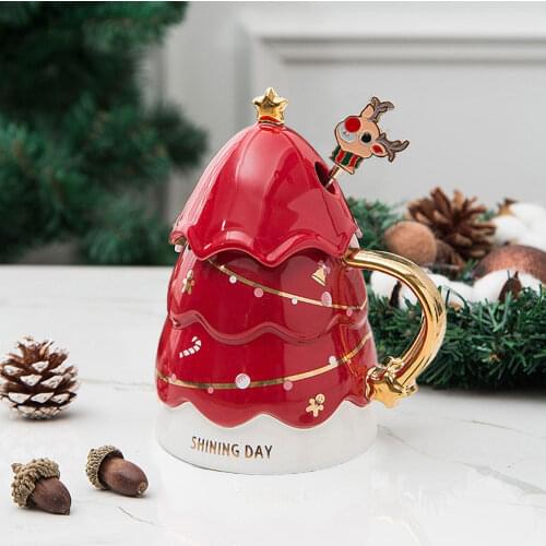 Creative 3D Christmas Tree Mug With Lid Milk Cup Anti-scalding Ceramics Coffee Cup Milk Juice Cup Childrens Christmas Gift