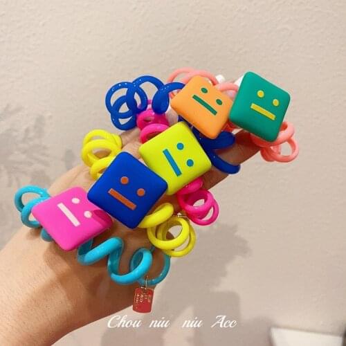 Cute Cartoon Girl Hair Rope Square Frosted Face Smiley Color Phone Cord Elastic Rubber Band Candy Color Children Adult Headdress
