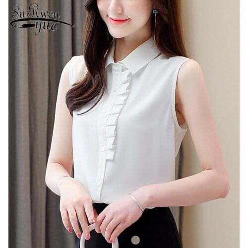 Sweet Simple Sleeveless Chiffon Blouse 2021 Summer Female New Korean Style White Shirt POLO Collar OL Fashion Blouse Woman 9537
