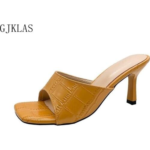 New Fashion Slipper Sandals Women Summer High Heels Large Size Shoes Mules Leather Woman Slippers Black Yellow Summer Shoes