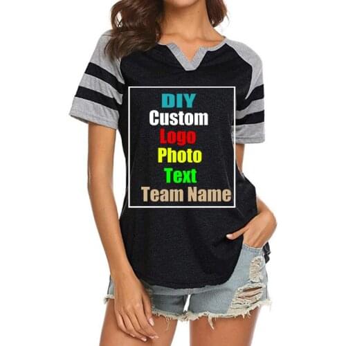Customize your picture LOGO spring new womens V-neck short-sleeved stitching striped T-shirt multi-color multi-size