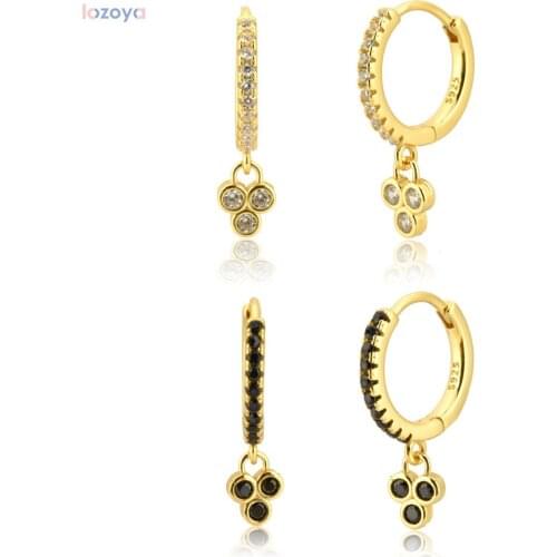 LOZOYA 925 Sterling Silver Piercing Ohrringe Pendiente Three Zircon Drop Earring Mini Small European Circle CZ Zircon Jewelry