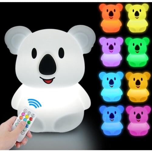 Koala LED Night Light Touch Sensor Remote Control RGB Dimmable Timer USB Rechargeable Silicone Bedside Lamp for Children Baby