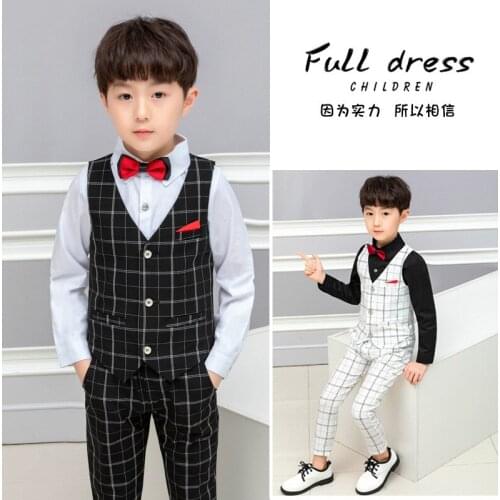 Spring Flower Boys Plaid Suit Vest Sets Children Wedding Party Piano Performance Dress Costume Kids Vest Shirts Pants Outfits