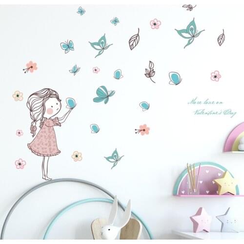 Chambre fille wallpaper sticker vinilos decorativos wand aufkleber Cartoon butterfly girl naklejki PVC muurstickers pegatinas