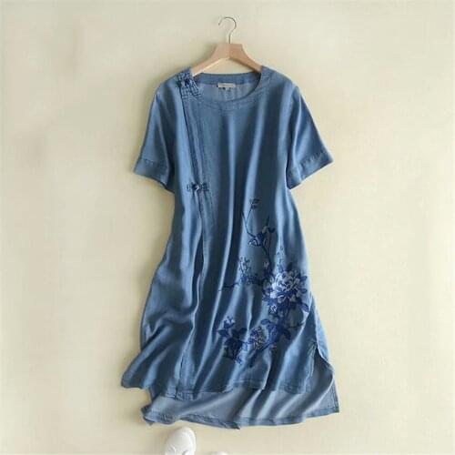 Bohemian Vintage Dress Summer Short Sleeve Floral Embroidery Soft Casual Denim Shirt Dress Jeans HIgh Quality Fashion Dresses