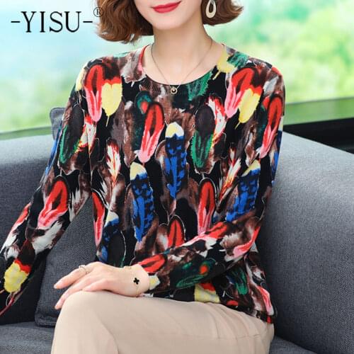 YISU Spring Autumn Wool Sweater Jumper O-Neck Fashion Printing tops Long sleeves Female Casual Knitted pullover Women clothing