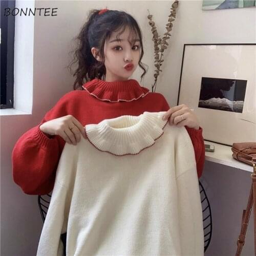 Sweaters Women Loose Turtleneck Pullovers Solid Autumn 2021 Ladies Tender College Vintage Daily Knitting Warm Thickening Lovely