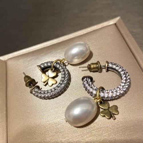 Bilincolor cz and white pearl vintage copper drop earring for women