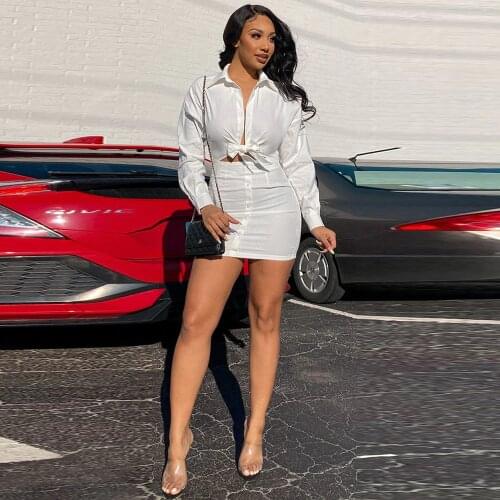 Black White Womens Two Piece Skirt Set Turn Down Collar Long Sleeve Crop Blouse and Sheath Mini Skirt Loungewear Co Ord Outfit