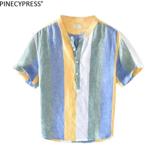 100% Linen Breathable Anti-static Quality Fashion Man T Shirt Striped Summer Beach Short Sleeve Casual Vintage Men T-shirt