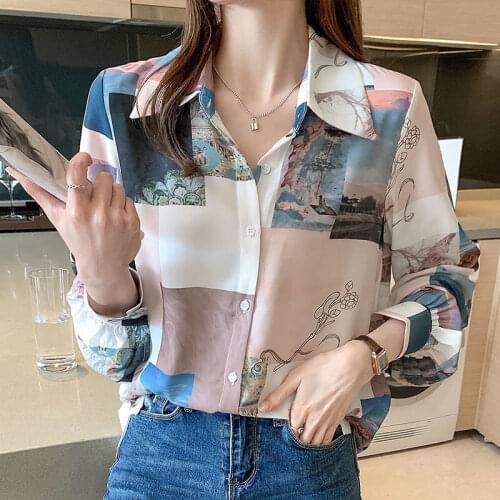 Printed Blouse Long-sleeved Spring 2021 New Korean Loose Retro Chiffon Shirt Western Style All-match Shirt Tall Woman