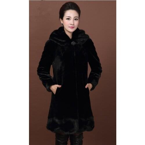 Black Faux Coat Womens Female Warm Mink Medium Long Hooded Thicken Fur Coats Plus Size 5XL Overcoat WXF099