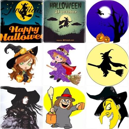 JWEIJIAO Halloween Witch Silhouette Art Picture 12mm Square Shape DIY Glass Cabochon Cameo Charms Settings