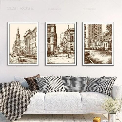 Russia Moscow City Street Buildings View Prints Sketch Style Poster Summer Day Landscape Art Canvas Painting Home Wall Art Decor