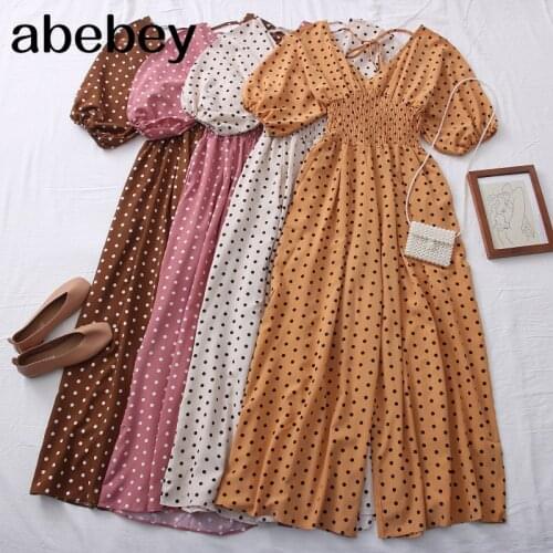 2021 New Spring Summer Fashion dot V-neck Jumpsuit open back strap Jumpsuit high waist slim Puff Sleeve casual Jumpsuit