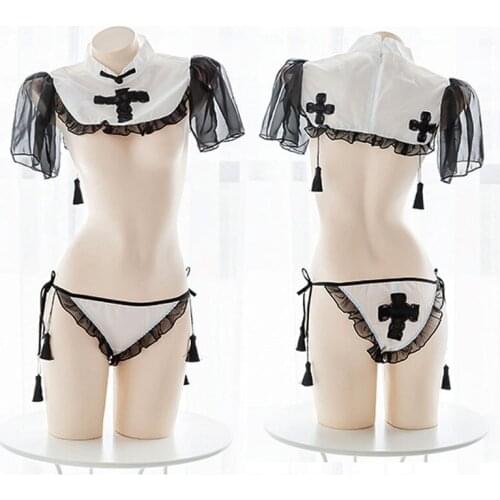 Sister Lingerie Set Sexy Nun Cosplay Uniform Black White Classics Cheongsam Collar Lace-up Panties Sexy Perspective Lingerie set