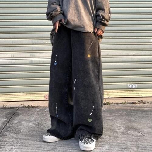 2021 trend hip-hop street splashing ink love embroidery wide-leg mop jeans men
