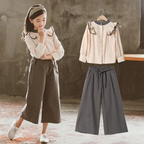 Teen Girls Autumn Clothes Set 2020 Children Blouse and Wide Leg Pants Set Korean-Style Kids Girls Elegant Two Piece Set, #8930